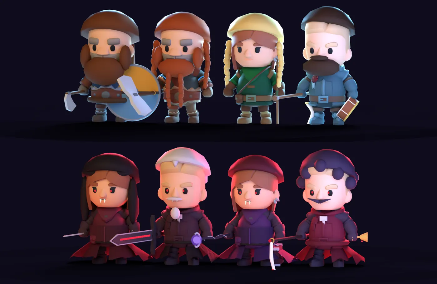 All eight classes in their plain starting outfits: Shieldwarden, Berserker, Huntress and Skald on top; Crimson Blade, Twilight Warden, Mist Occultist and Hemomancer below.