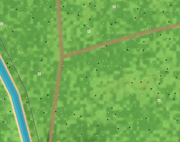 Before: a bare crossroads with only scattered dots on flat grass.