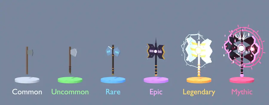 The Berserker axe in six rarities, from a plain Common axe to a glowing Mythic one.